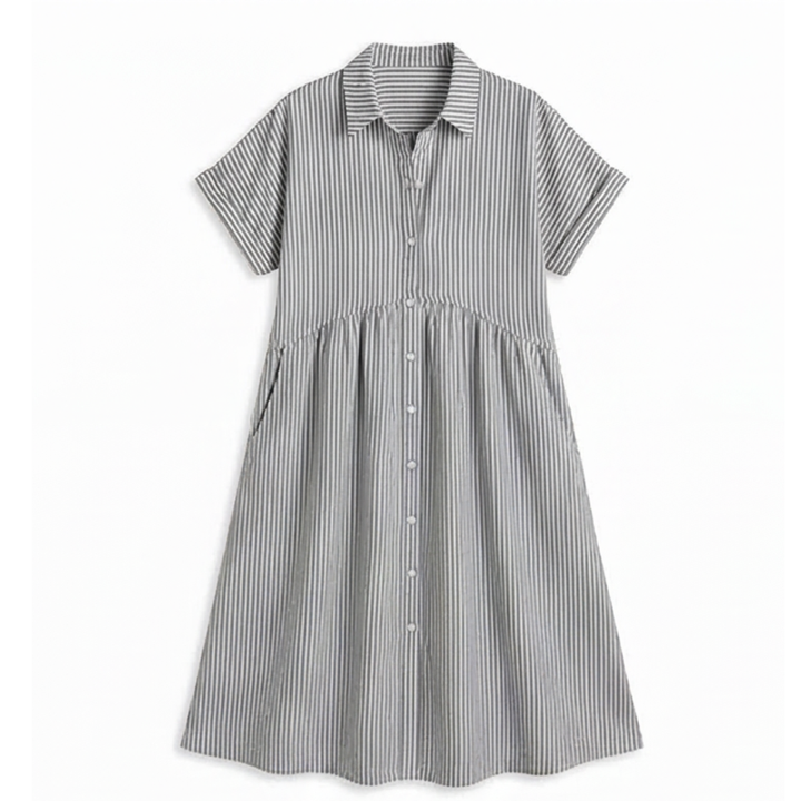Linara™ – Striped Midi Shirt Dress with Pockets