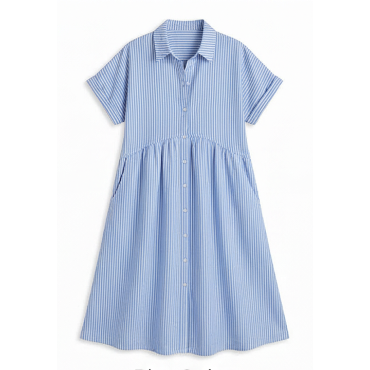Linara™ – Striped Midi Shirt Dress with Pockets