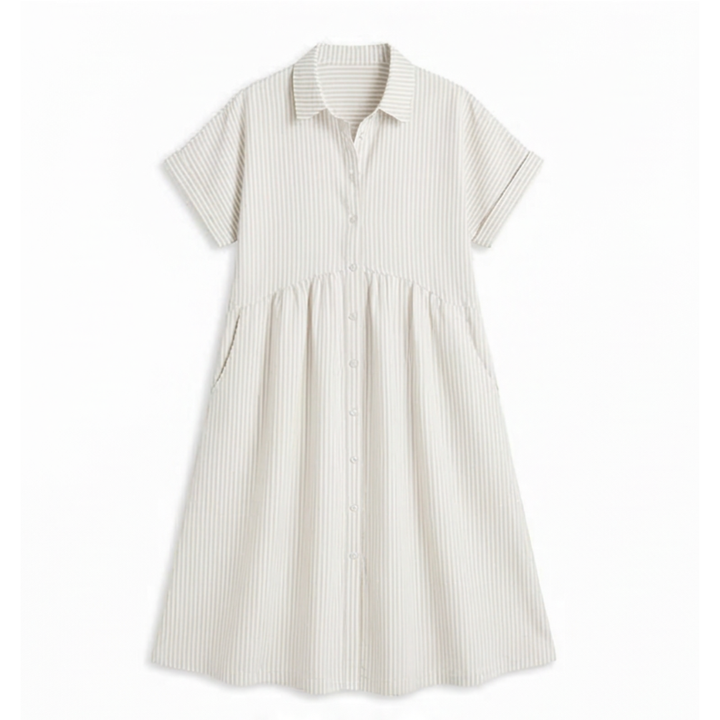Linara™ – Striped Midi Shirt Dress with Pockets