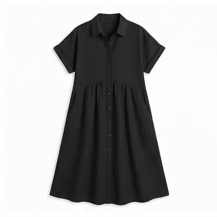 Linara™ – Striped Midi Shirt Dress with Pockets
