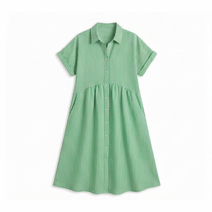 Linara™ – Striped Midi Shirt Dress with Pockets