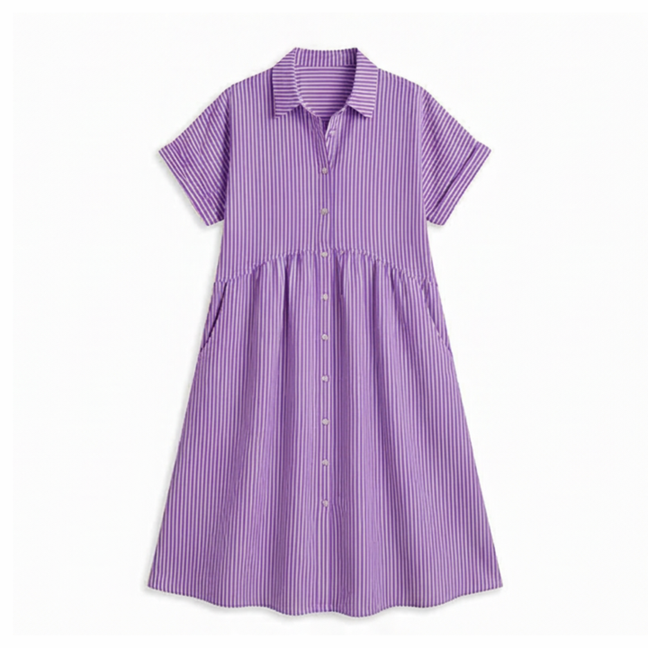 Linara™ – Striped Midi Shirt Dress with Pockets