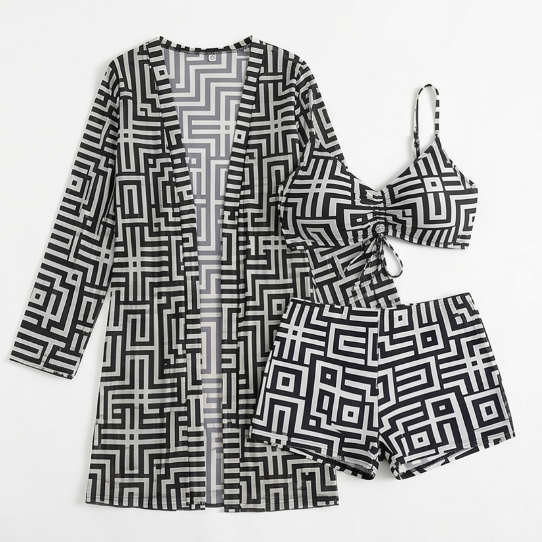 Solena™ 3 Piece Geometric Swim Set with Cover-up