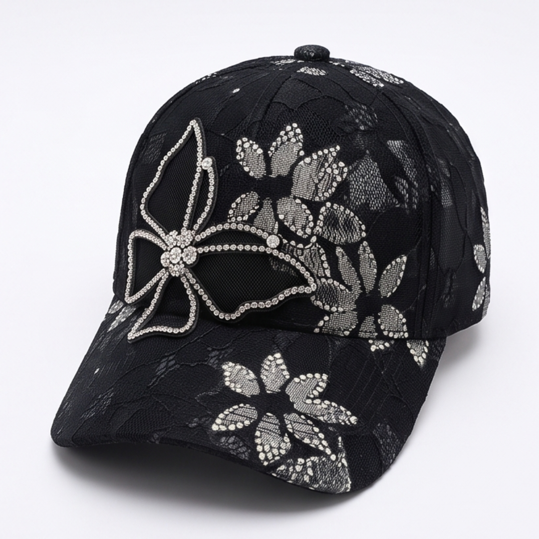 Veluna – Rhinestone Butterfly Lace Baseball Cap