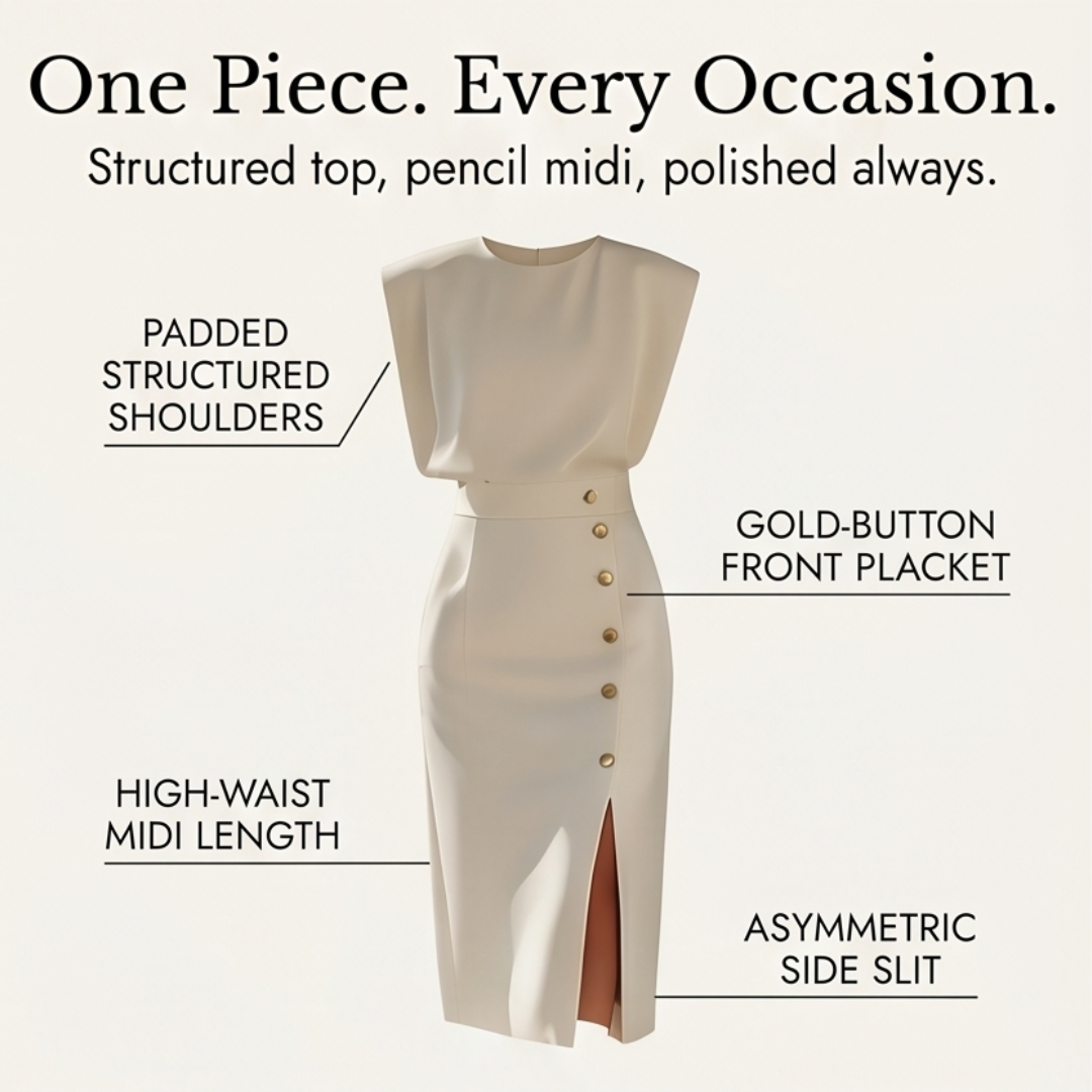 Velora™ Gold-Button Slit Midi Dress for Work and Evening