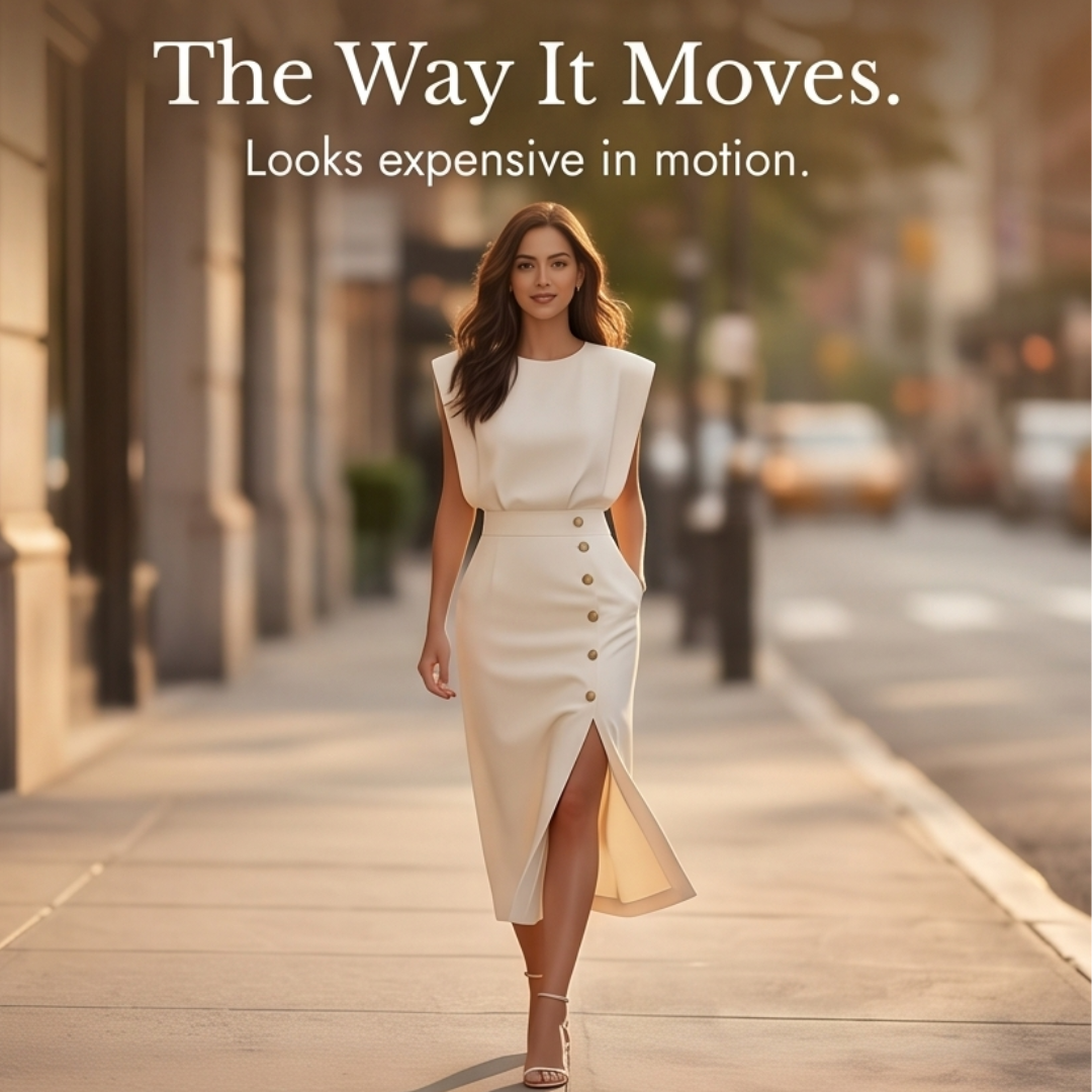 Velora™ Gold-Button Slit Midi Dress for Work and Evening