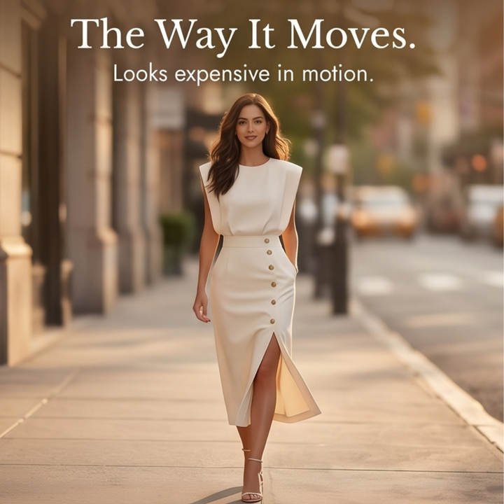 Velora™ Gold-Button Slit Midi Dress for Work and Evening