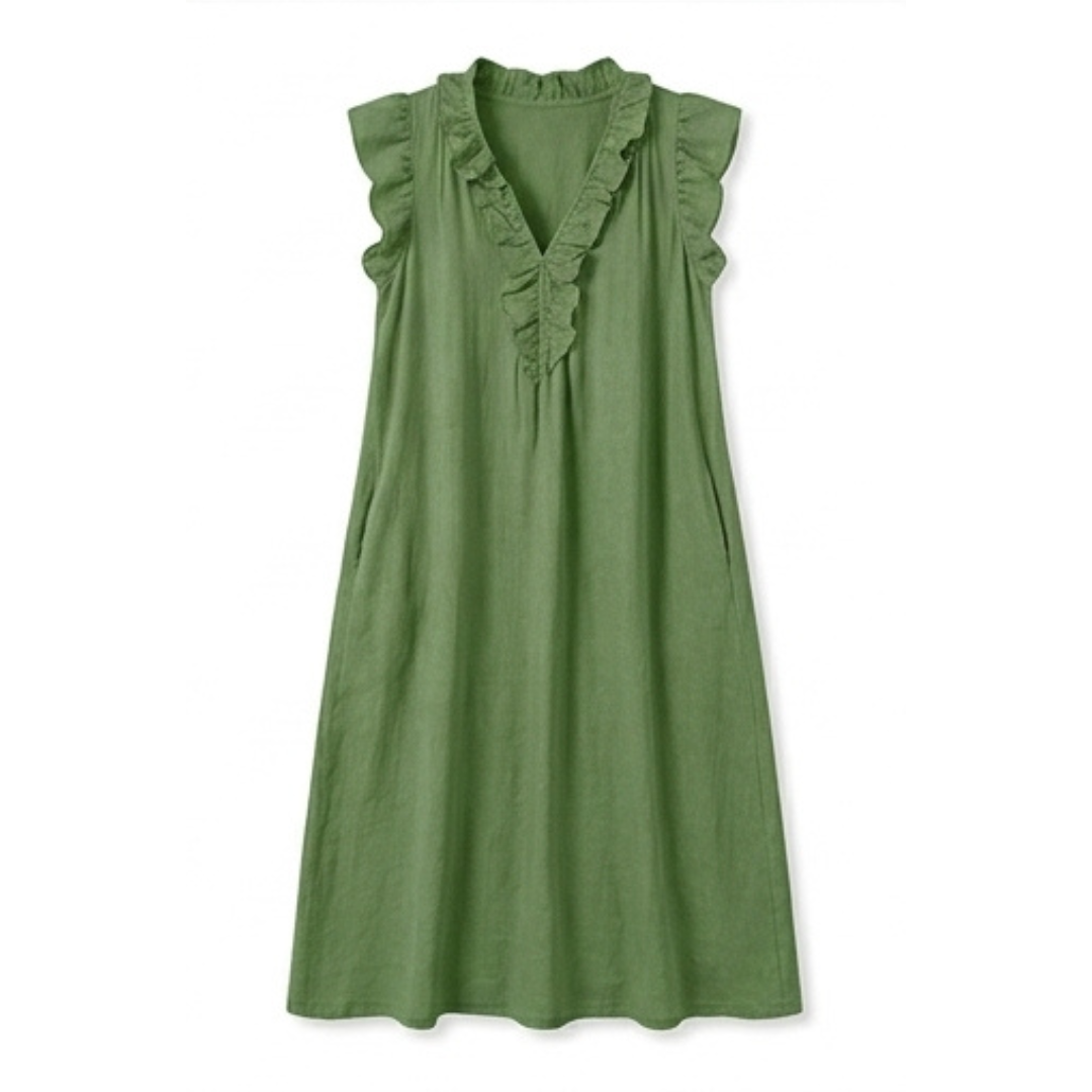 Veluna™ – Ruffle-V Midi Dress with Pockets