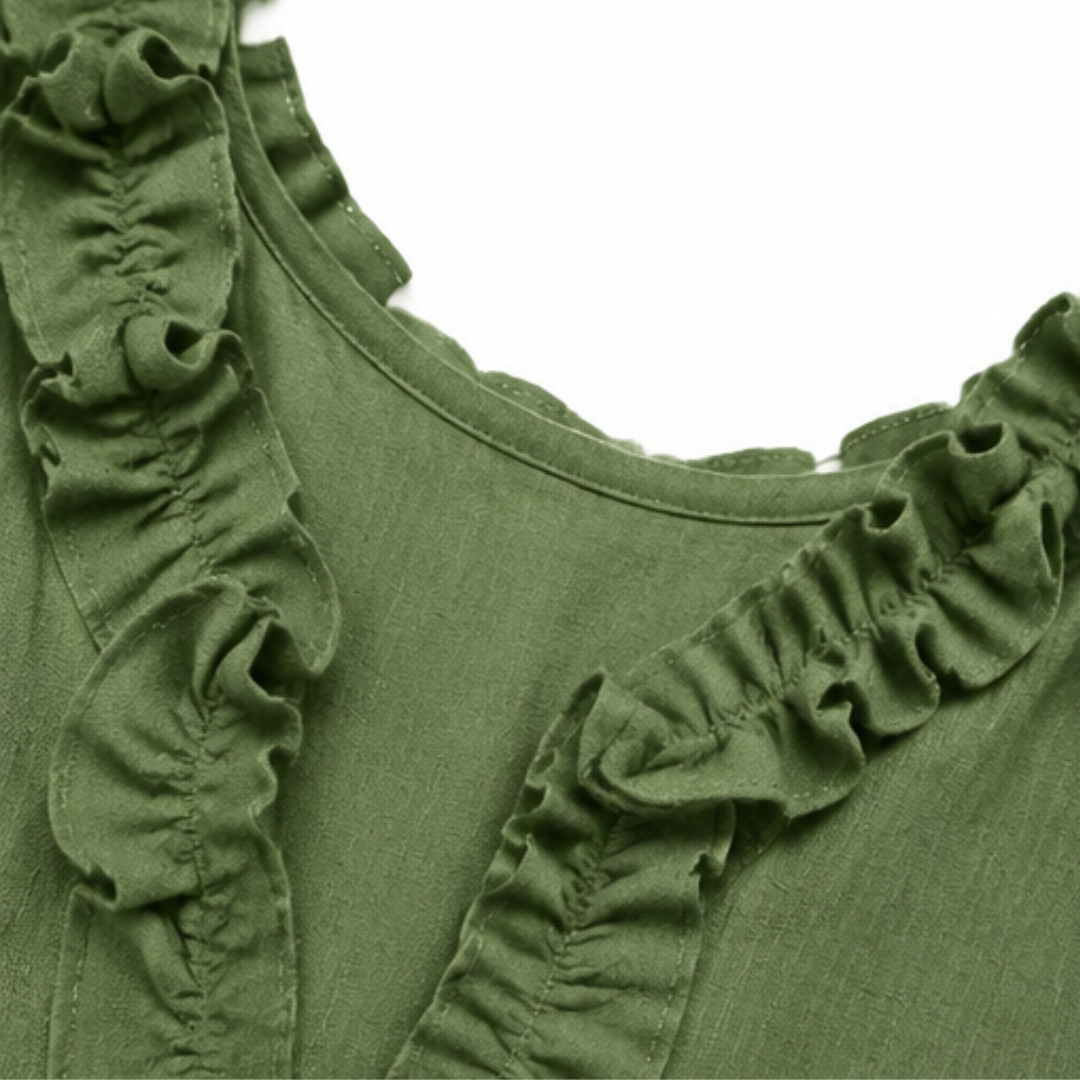 Veluna™ – Ruffle-V Midi Dress with Pockets