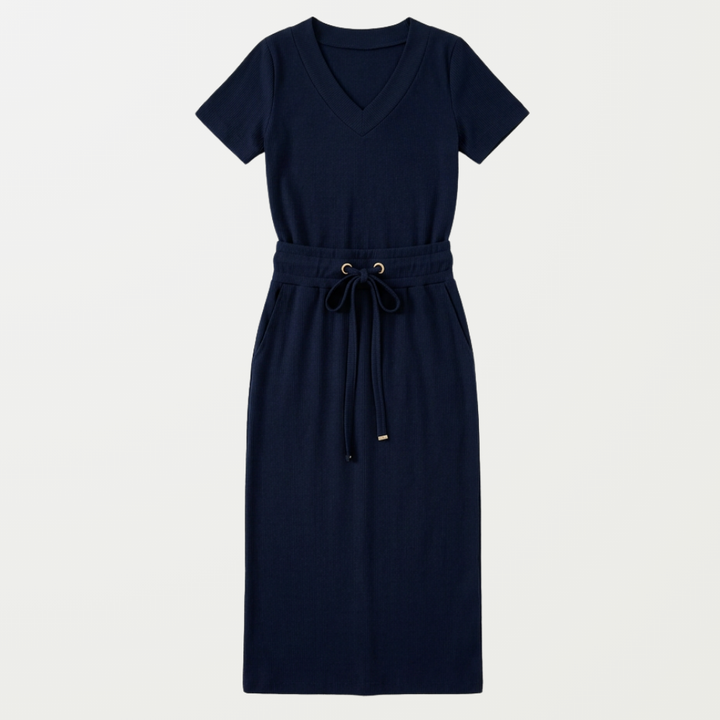Saviya™ – Ribbed V-Neck Top and Midi Skirt Set