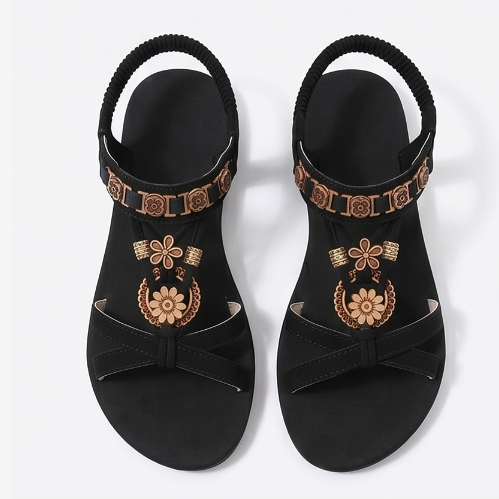 Soluna™ – Boho Flat Sandals with Gold Floral Charms