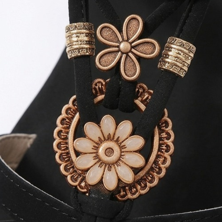Soluna™ – Boho Flat Sandals with Gold Floral Charms