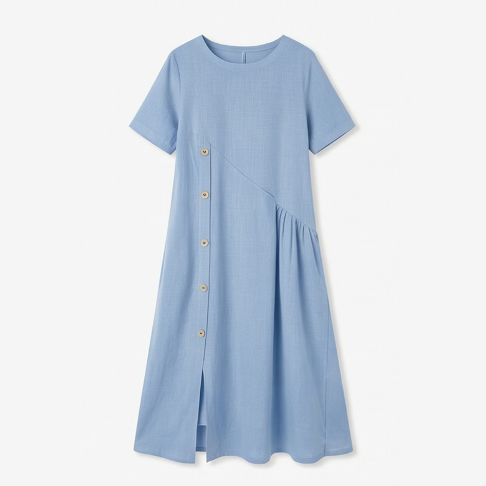 Lunavia™ – Cotton-Linen Asymmetric Button Midi Dress