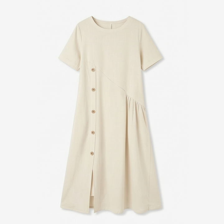 Lunavia™ – Cotton-Linen Asymmetric Button Midi Dress