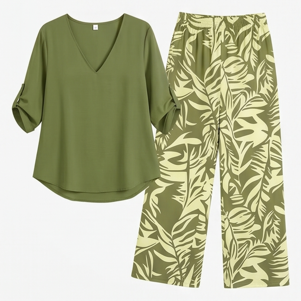 Lark & Palm™ – V-Neck Top & Leaf-Print Wide-Leg Pants Set
