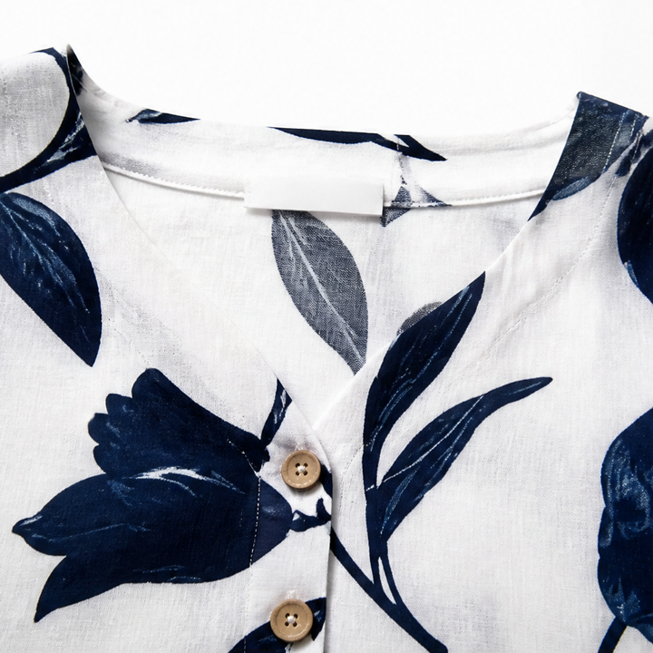 Florelle™ – Floral Linen V-Neck Popover Blouse with 3/4 Sleeves