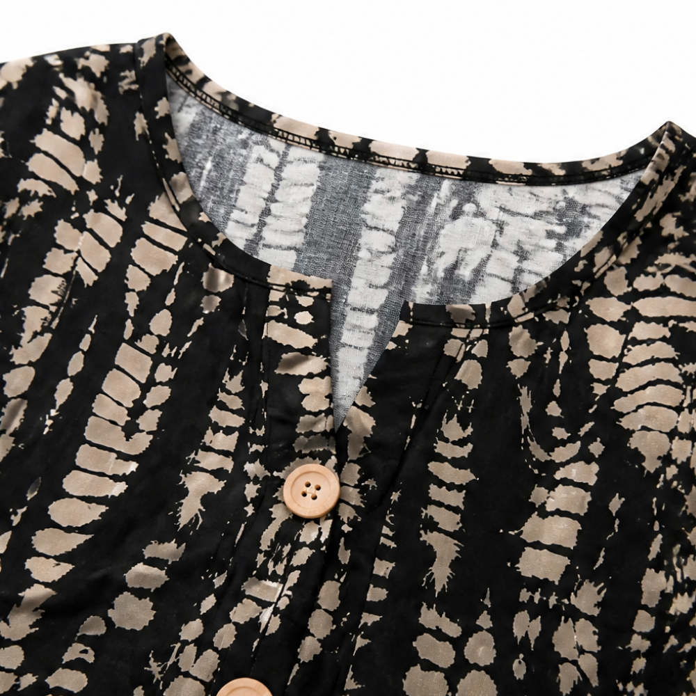 Solara™ – Printed A-Line Shift Dress with Short Sleeves & Buttons