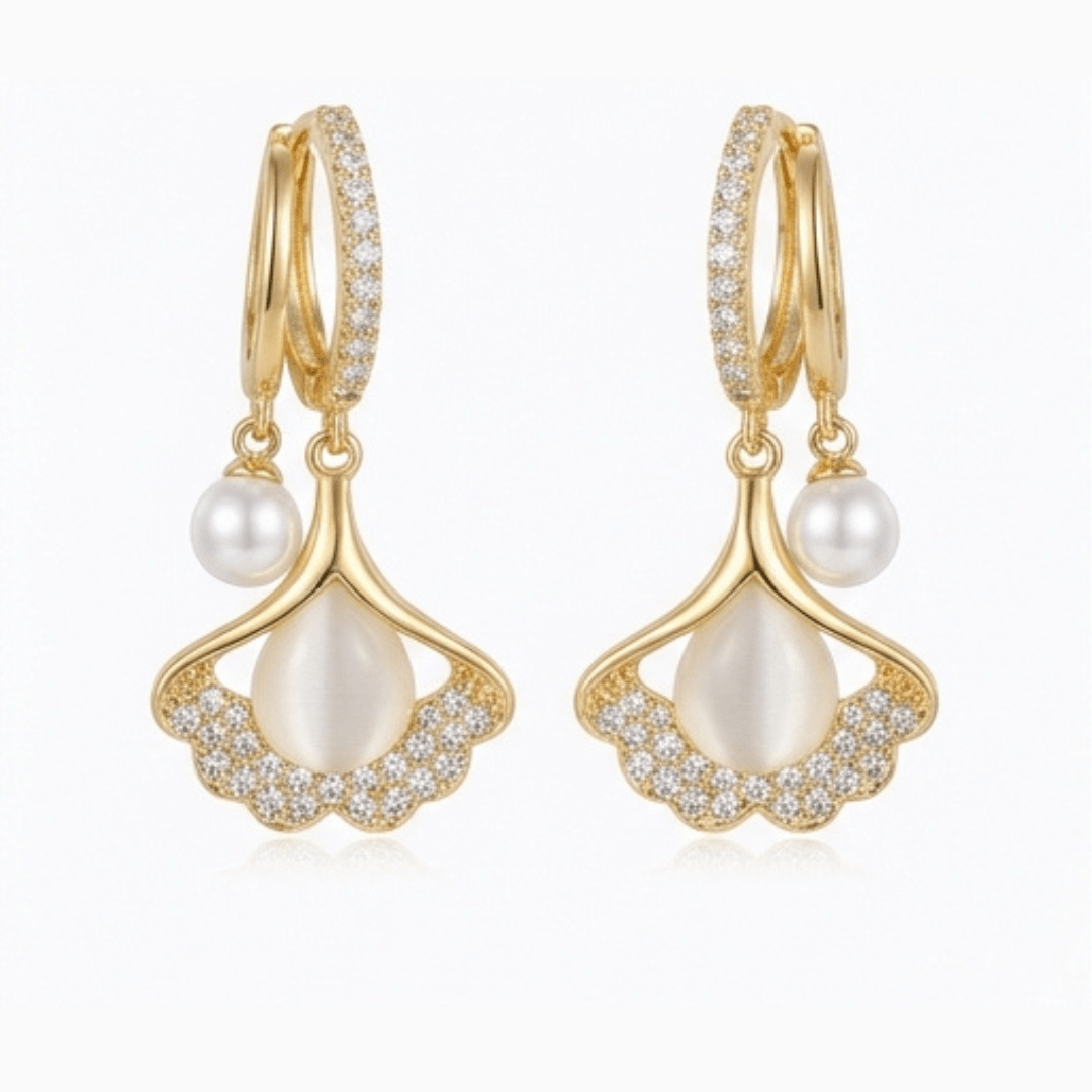 Ginara™ – Crystal Ginkgo Leaf Drop Earrings with Pearl - Lark & Clover