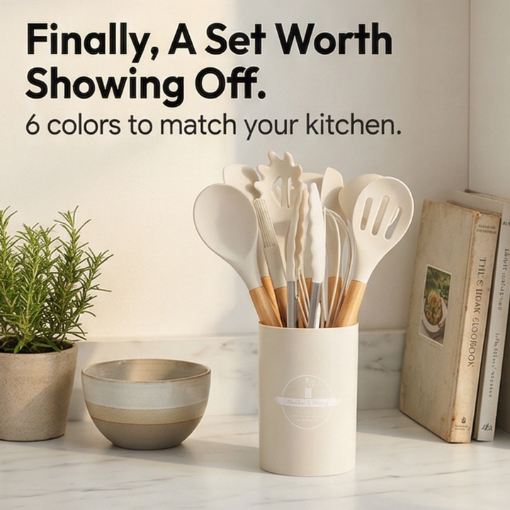 Culinara™ – 12 Piece Silicone Kitchen Set with Wooden Handles