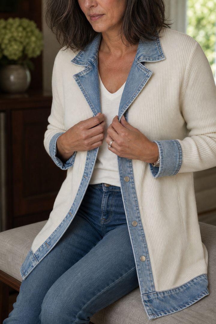 Wearbella – Denim-Look Spliced Ribbed Knit Coat