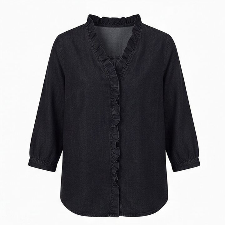 Wrenley™ – Soft Ruffled Denim Shirt with High Low Hem