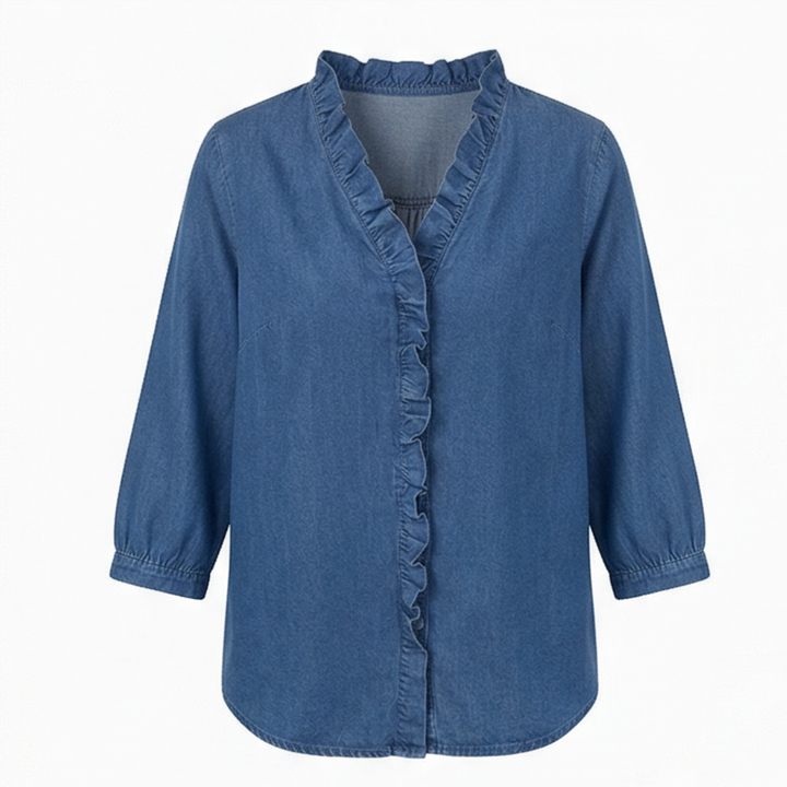 Wrenley™ – Soft Ruffled Denim Shirt with High Low Hem