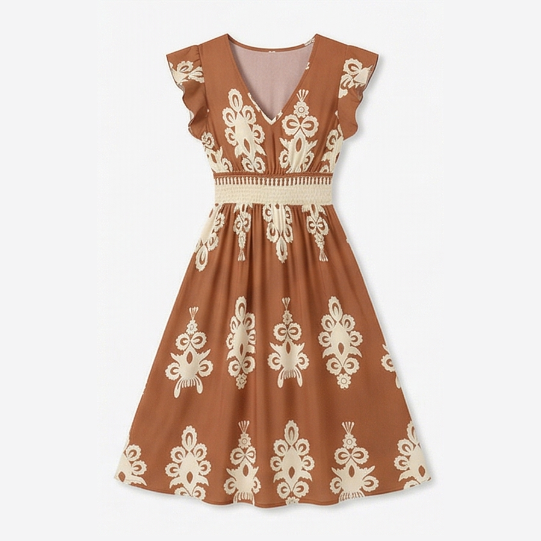 Vivara™ – Baroque Print Flutter Sleeve Maxi Dress
