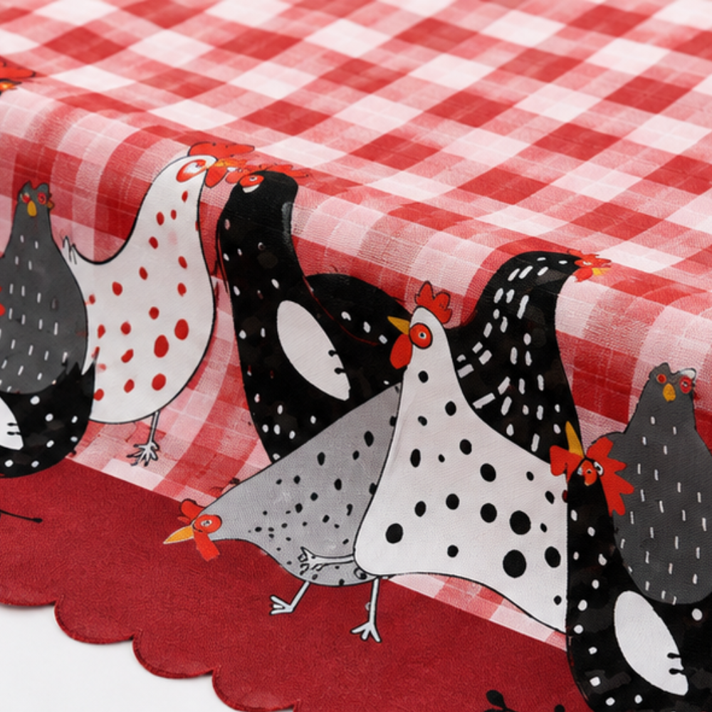 Hearthmark – Scalloped Lace-Edge Plaid Rooster Tablecloth