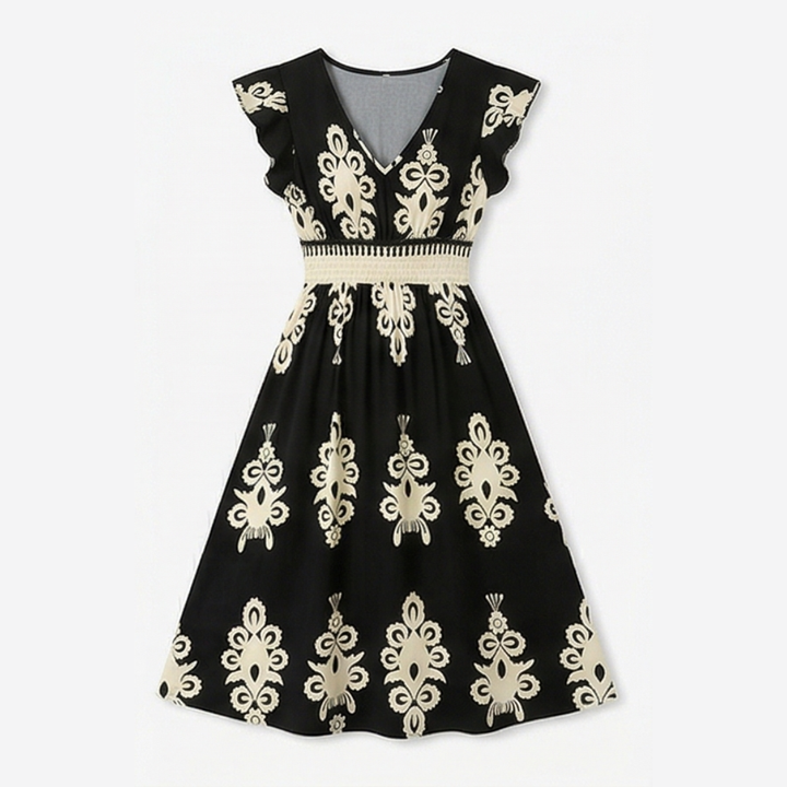 Vivara™ – Baroque Print Flutter Sleeve Maxi Dress