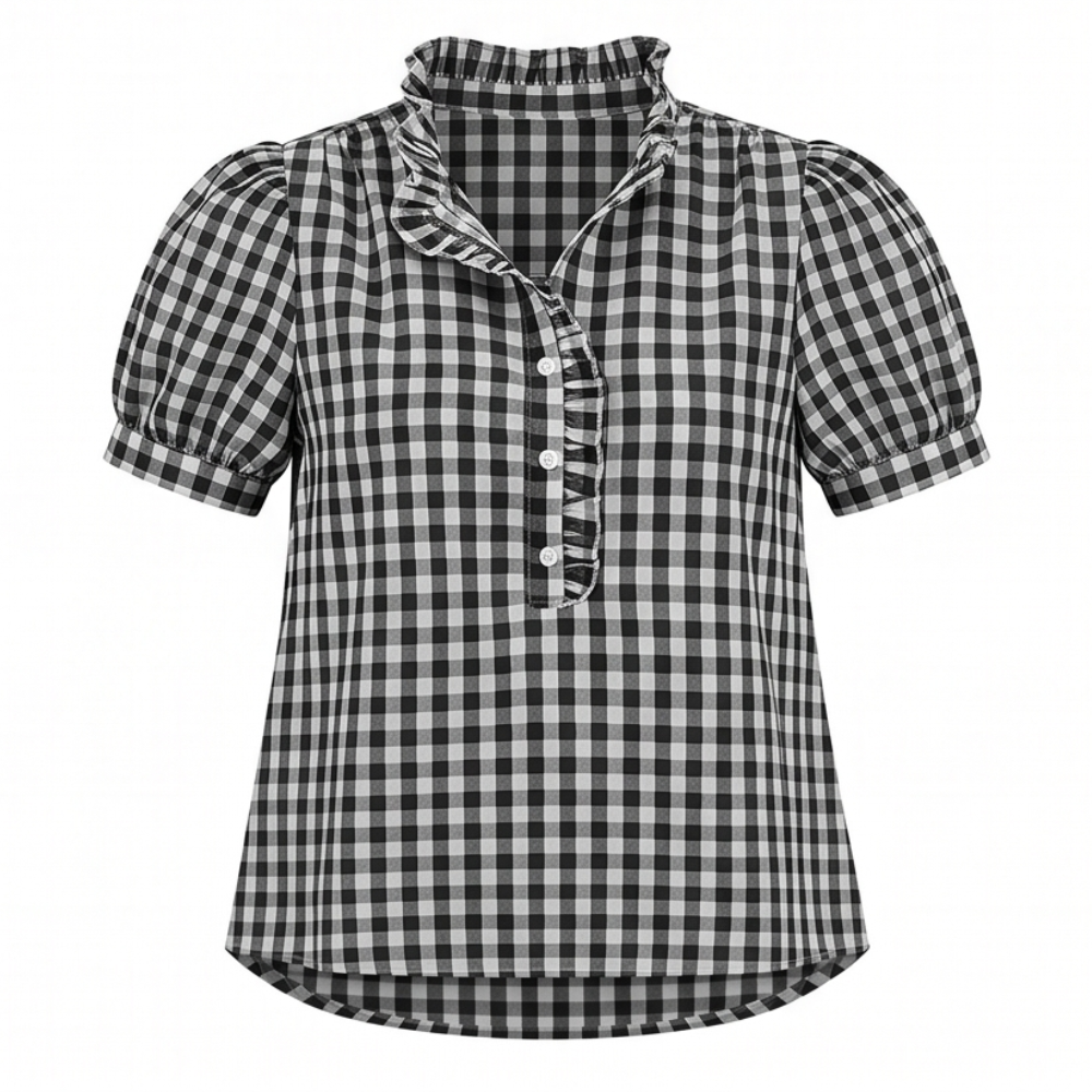 Brindle™ Puff Sleeve Gingham Top with Ruffle Placket