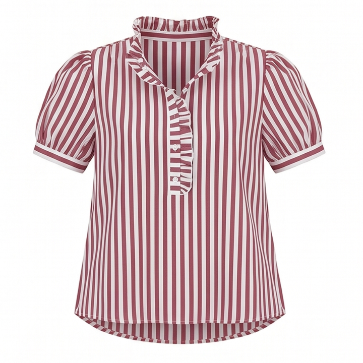 Brindle™ Puff Sleeve Gingham Top with Ruffle Placket