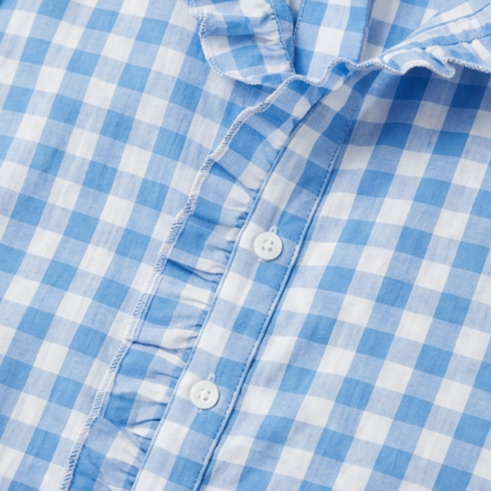 Brindle™ Puff Sleeve Gingham Top with Ruffle Placket