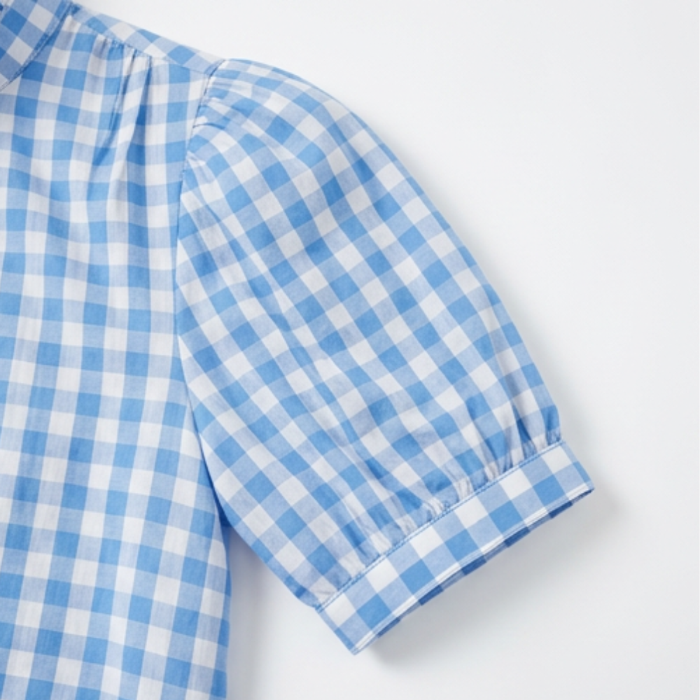 Brindle™ Puff Sleeve Gingham Top with Ruffle Placket
