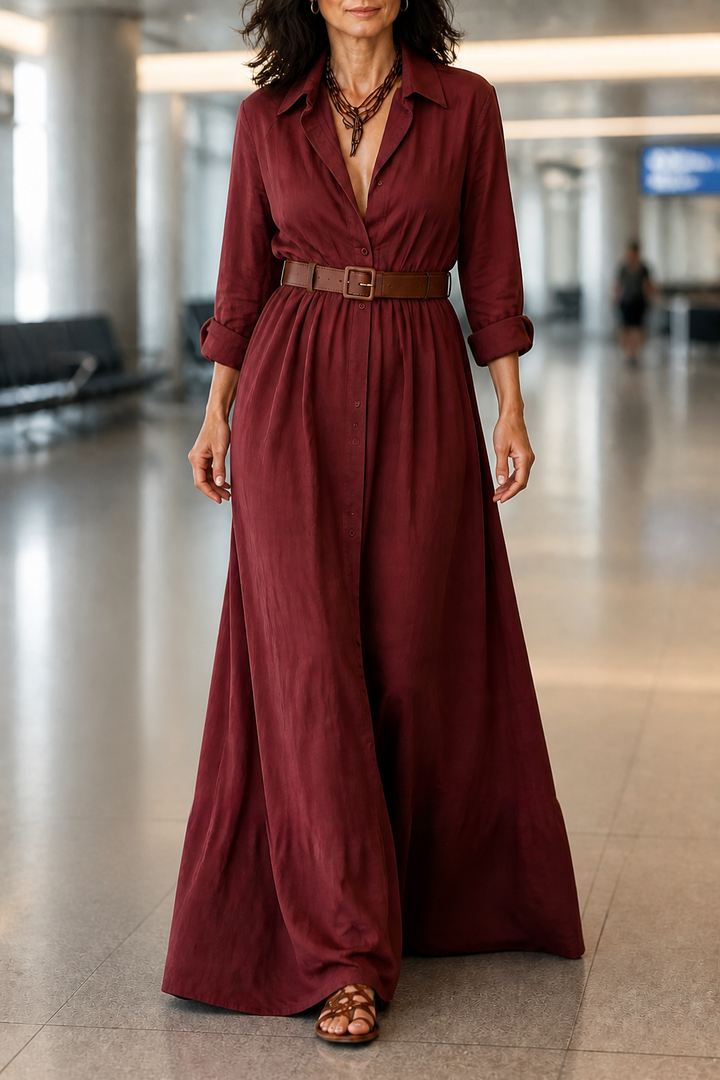 Belveil – Belted Collared Long-Sleeve Maxi Shirt Dress