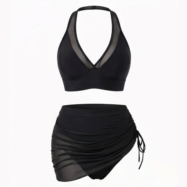 Marella™ – High Waist Mesh Bikini Set with Ruched Skirt Bottom