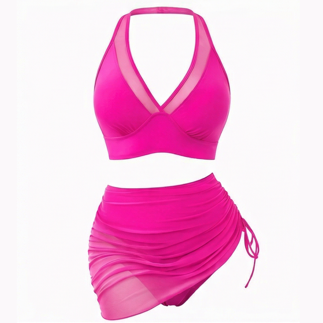 Marella™ – High Waist Mesh Bikini Set with Ruched Skirt Bottom