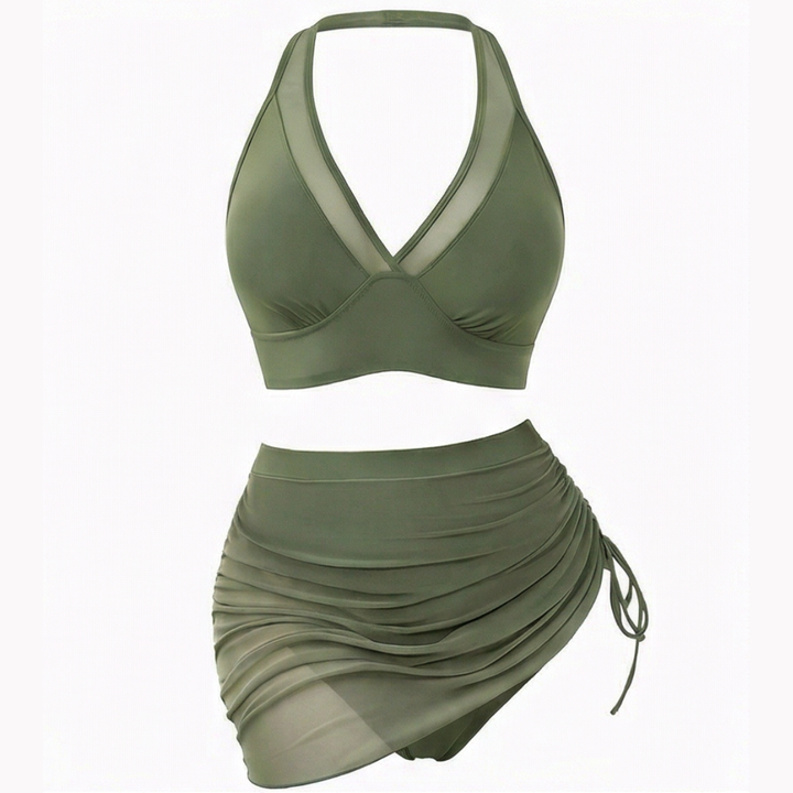 Marella™ – High Waist Mesh Bikini Set with Ruched Skirt Bottom
