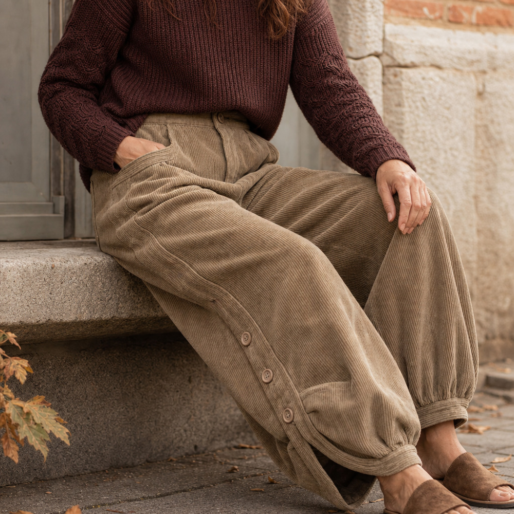 Cozelle – Side-Button Barrel Leg Corduroy Pants