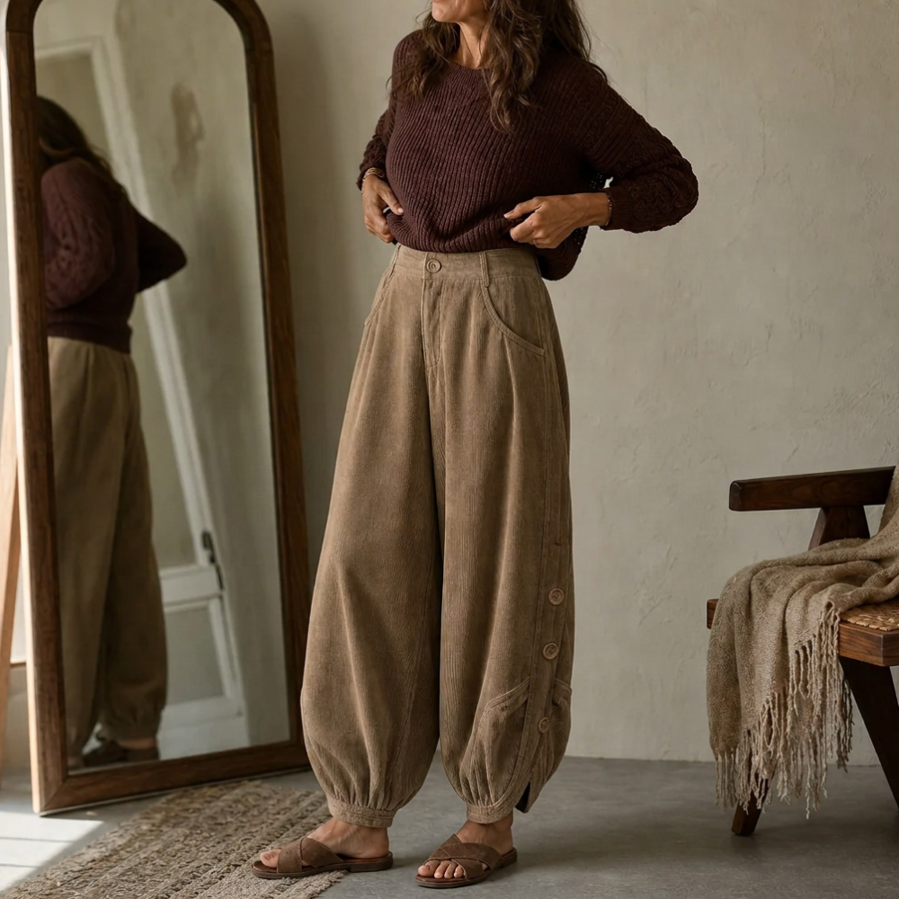 Cozelle – Side-Button Barrel Leg Corduroy Pants