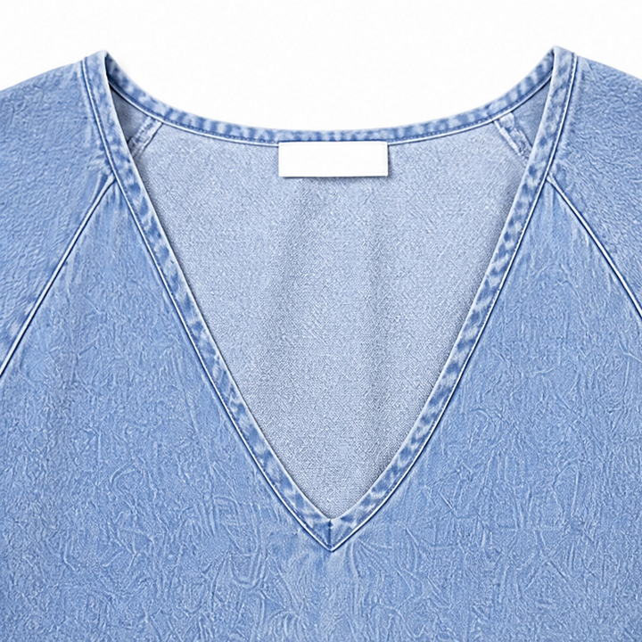 Solène – Women's Puff Sleeve V-Neck Denim Look Babydoll Midi Dress