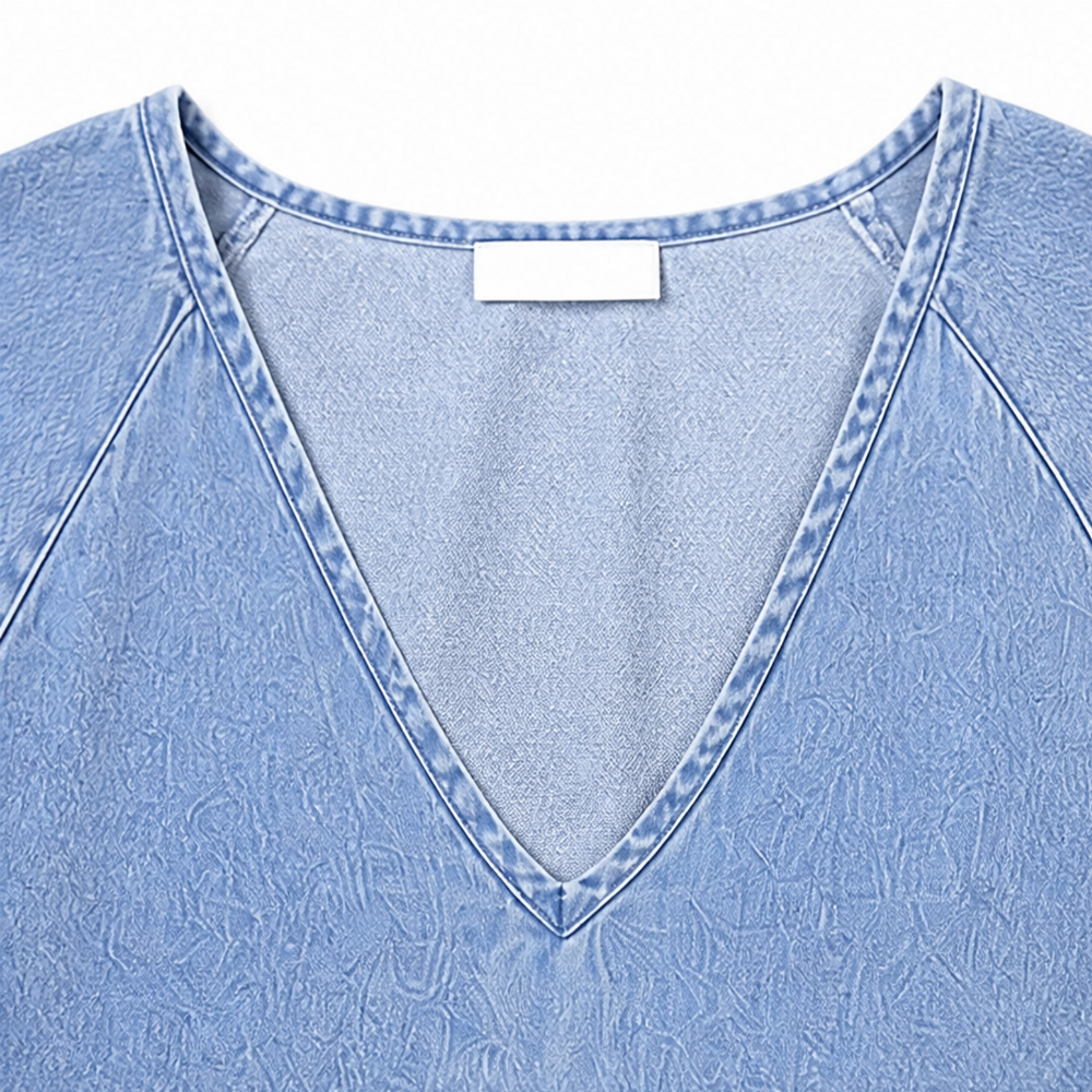 Solène – Women's Puff Sleeve V-Neck Denim Babydoll Midi Dress