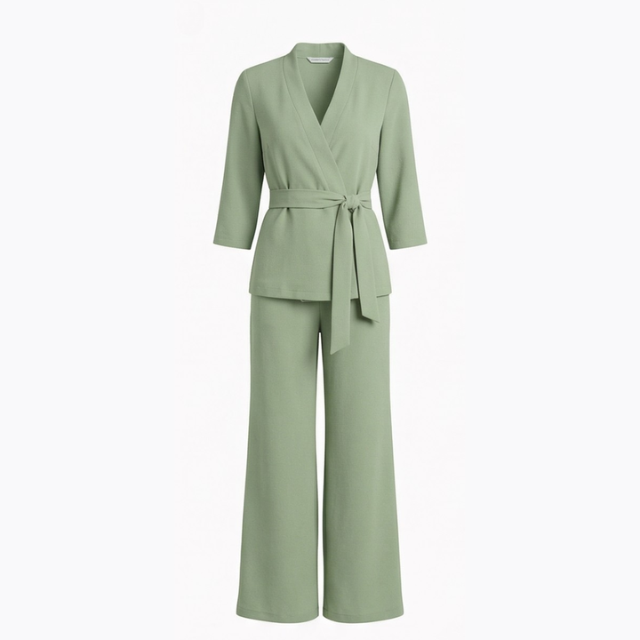 Ellara™ – Wrap Tie Blazer & Wide Leg Pants Set