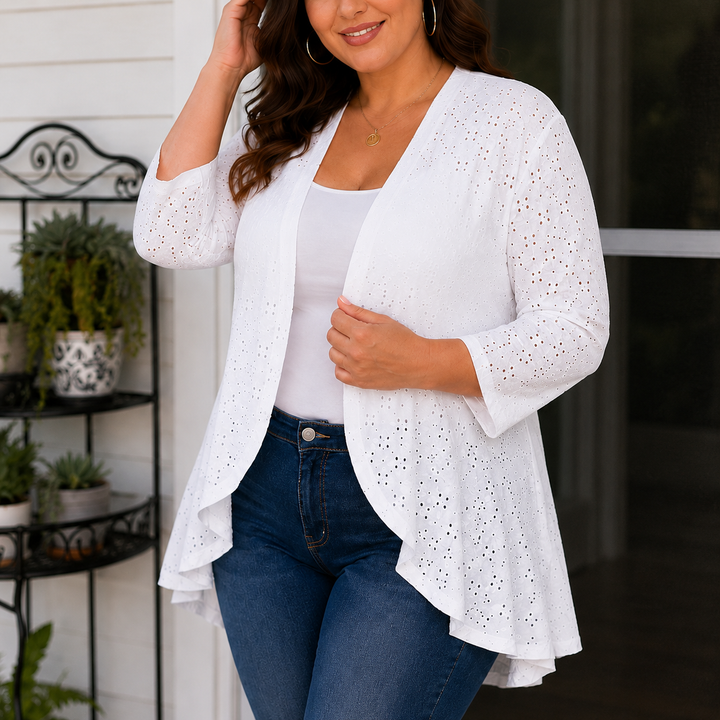 Veluna™ – Lightweight Eyelet Open-Front Cardigan for Women, 3/4 Sleeve Ruffle Hem Summer Layer