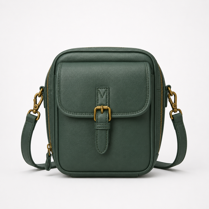Solene – Structured vegan leather crossbody bag with built-in wallet and glasses compartment
