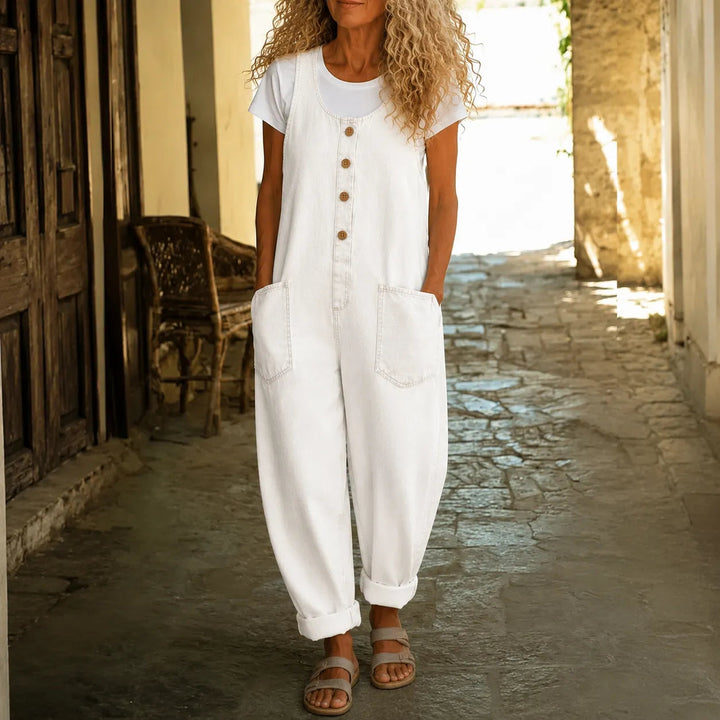 Lora – Vintage Denim Overalls with Button Front and Patch Pockets