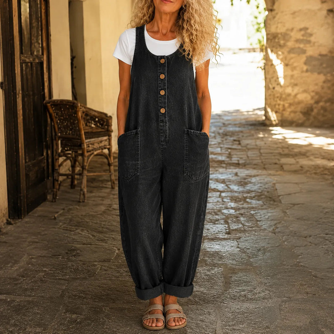 Lora – Vintage Denim Overalls with Button Front and Patch Pockets