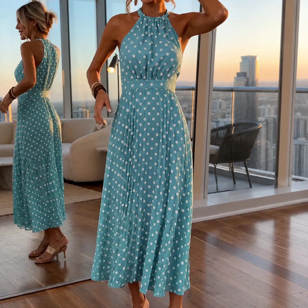 Soliana – Pleated Polka Dot Halter Midi Dress for Women