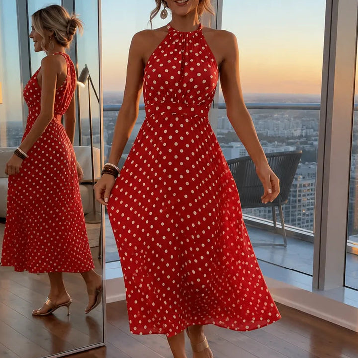 Soliana – Pleated Polka Dot Halter Midi Dress for Women