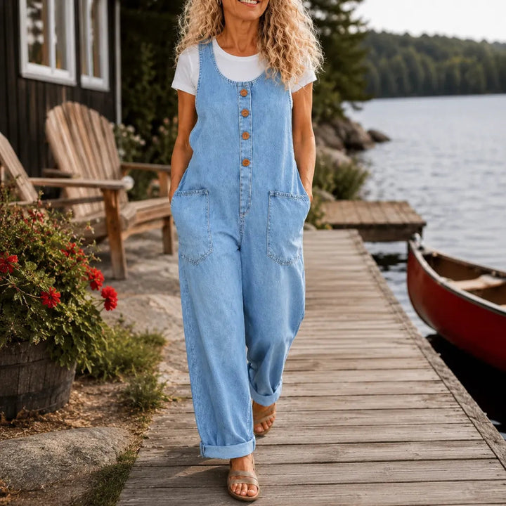 Lora – Vintage Denim Overalls with Button Front and Patch Pockets