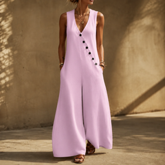 Wearvelle – Sleeveless Wide-Leg Jumpsuit with Diagonal Buttons and Pockets